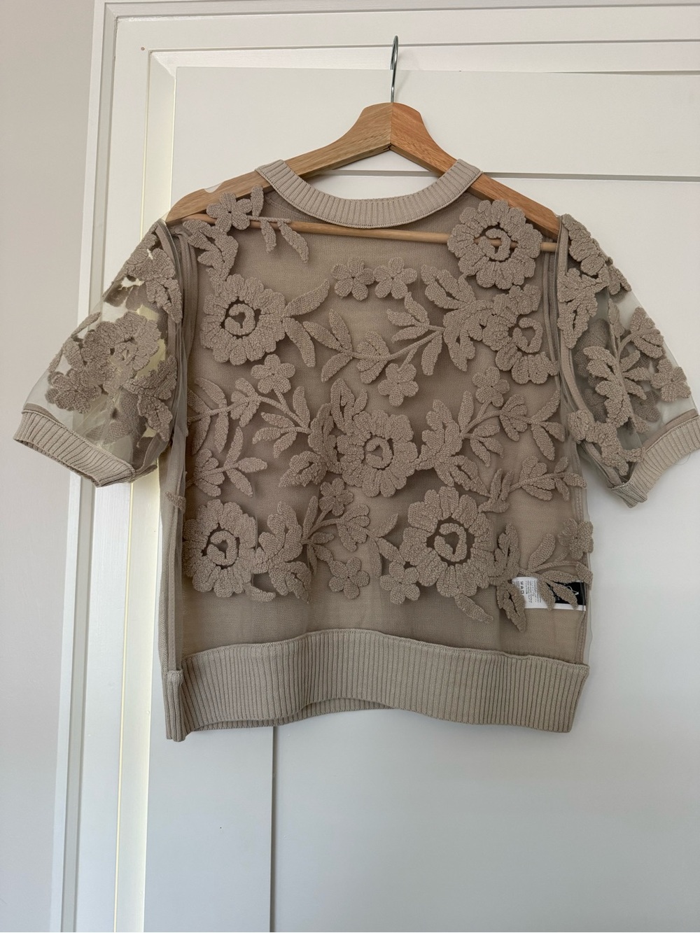 ANEWSTA Tan Sheer Mesh Floral Embroidered Short Sleeve Top Old Money Fall Size L